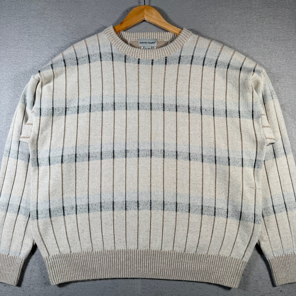 David‎ Taylor Mens XL Striped Knit Sweater Cream Pullover Crew Neck 10060